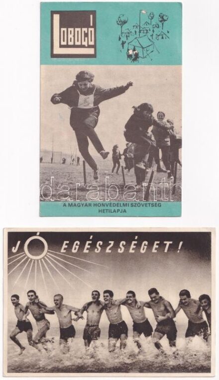 2 db magyar propaganda képeslap: Lobogó - A Magyar Honvédelmi Szövetség hetilapja, OTI Egészségvédelmi főosztály fiatalkorúak gyógyüdültetése / 2 Hungarian propaganda motive postcards