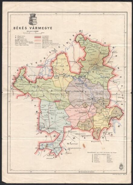 cca 1941 Békés vármegye térképe, 1 : 420.000, M. kir. honv. Térk. Int., hajtva, kissé foltos, 35x25 cm