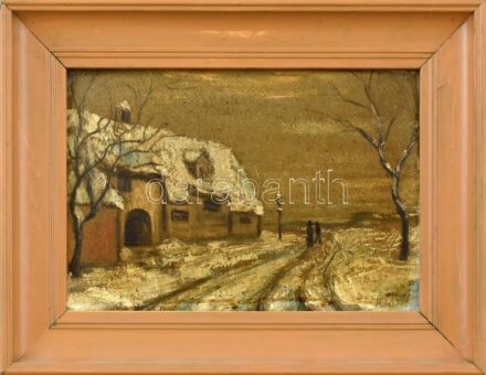 Baráth jelzéssel: Havas utca. Olaj, karton, fa keretben. Kétoldalas mű, hátoldalán szoptató anya vázlattal, 17×25 cm.