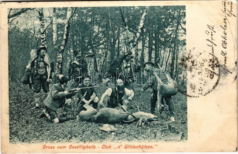 1901 Gruss vom Geselligkeits Club 'd' Wildschützen' / hunters / vadászok elejtett állatokkal (EK)