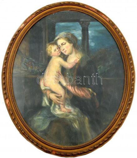 Jelzés nélkül: Madonna a kisdeddel. Olaj, karton. Üvegezett, sérült fa keretben, 67×53 cm