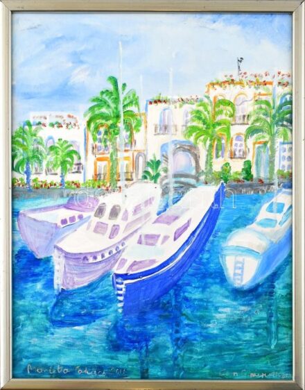 Marietta Takács jelzéssel: Mediterrán tengeri kikötő. Olaj, vászon, 42x34cm, keretben.