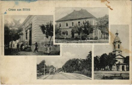 Billéd, Biled; vasútállomás, gőzmozdony, templom, Trombitás szálloda, Franz Haupt üzlete / railway station, locomotive, hotel, shop, church (Rb)