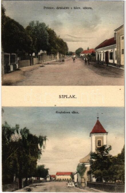 Abaszéplak, Síplak, Krásna nad Hornádom (Kassa, Kosice); Kostelova ulica, Potrav. druzstvo s hlav. ulicou / templom, utca, szövetkezeti üzlet / church, street, cooperative shop