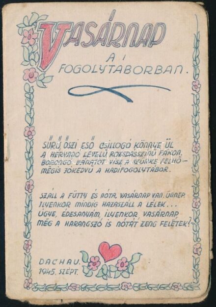 1945 Dachau hadifogolytábor magyar katona által készített rajzos füzet a tábor helyszíneiről, dekorációkkal. 10 p / Hand drawn images of the Dachau POW by Hungarian soldier 10 pages