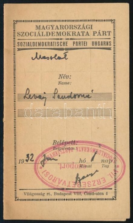 1932 MSZDP igazolvány, korabeli másolat