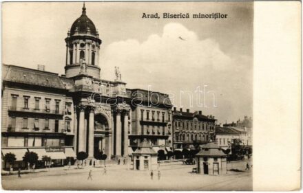 Arad, Minorita templom, Nestor Drogéria, parfüméria / Biserica minoritilor / church, drugstore, perfumery