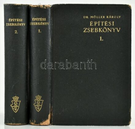 Dr. Möller Károly: Építési zsebkönyv. I-II. kötet. Bp., 1943, Kir. Magy. Egyetemi Nyomda, 872 p. + 960 p. Fekete-fehér ábrákkal, táblázatokkal. Kiadói egészvászon-kötés, sérült borítóval.