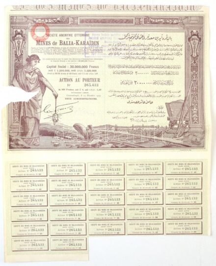 Oszmán Birodalom / Konstantinápoly 1924. 'Balia-Karaidin-i Bányák Részvénytársaság' részvénye 100Fr-ról szelvényekkel, bélyegzéssel, szárazpecséttel T:III papírhiány Ottoman Empire / Constantinople 1924. 'Mines of Balia-Karaidin