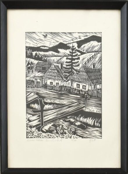 Azonosítatlan jelzéssel: Gyimesi házak. Linómetszet, papír. Jelzett, számozott (4/50), üvegezett keretben, 19,5x13,5 cm