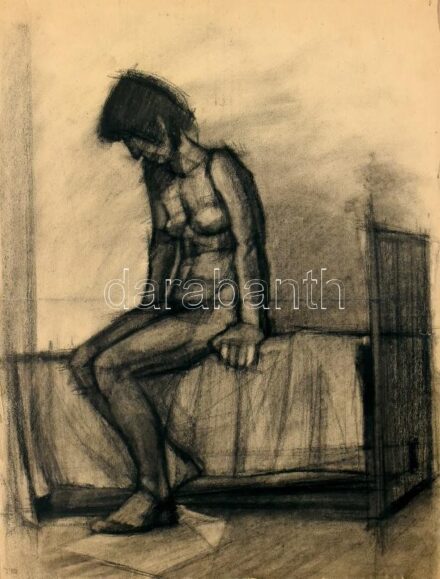 Jelzés nélkül: Női akt. Szén, papír kartonra kasírozva. Sérülésekkel. 60x45cm