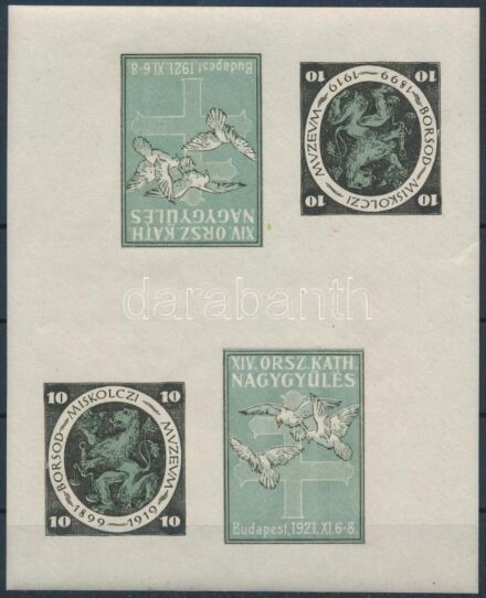 1919-1921 Borsod-Miskolc Múzeum és XIV. ORSZ. KATH. NAGYGYŰLÉS vágott 4-es levélzáró kisív