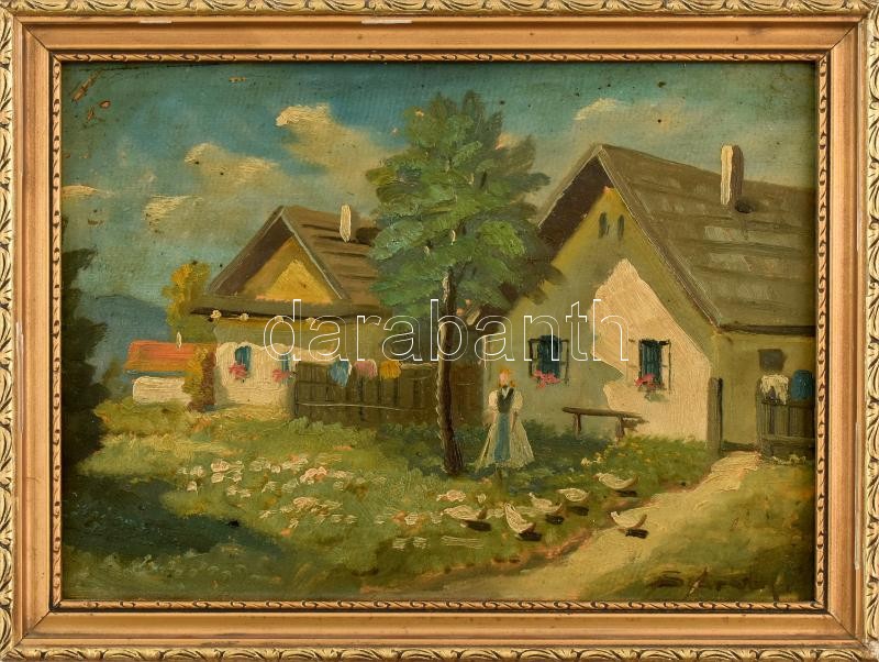 Szórády István (1890es évek -?): Udvar. Olaj, karton. Kopott, sérült keretben. 24x33cm