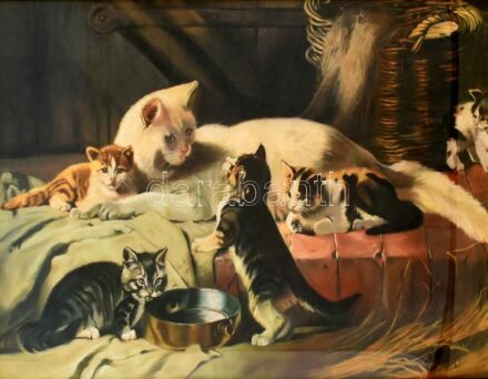 Mesterházy Dénes (-): Macska kölykeivel. Pasztell, papír, Jelzett, Szép keretben. 53x78 cm