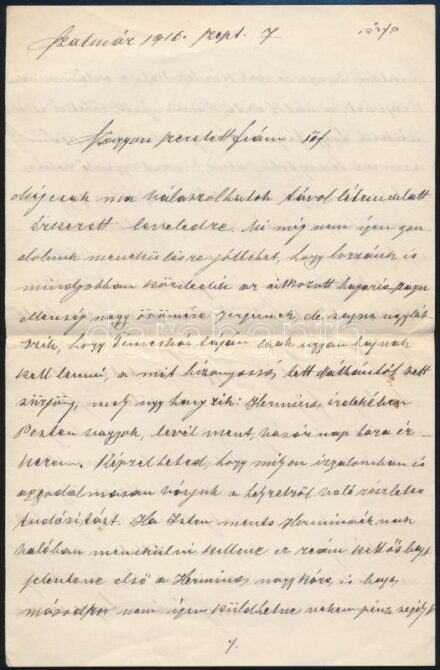 1916 Szatmár, Steuer Ábrahám rabbi, saját kezű levele fiának / Ábrahám Steuer rabbi's letter
