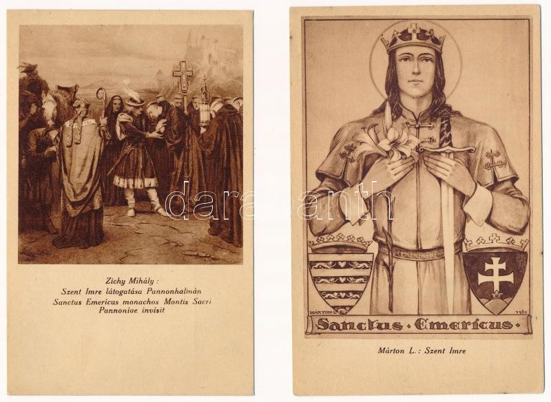 Szent Imre képeslap gyűjtemény kis albumban - 26 db régi képeslap + 1 szentkép / Saint Emeric of Hungary - pre-1945 postcard collection in small album with 26 postcards + 1 icon
