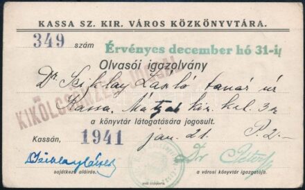 1941 Kassa, Kassa Sz. Kir. Város Közkönyvtára által kiállított olvasói igazolvány
