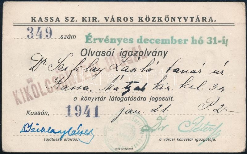 1941 Kassa, Kassa Sz. Kir. Város Közkönyvtára által kiállított olvasói igazolvány