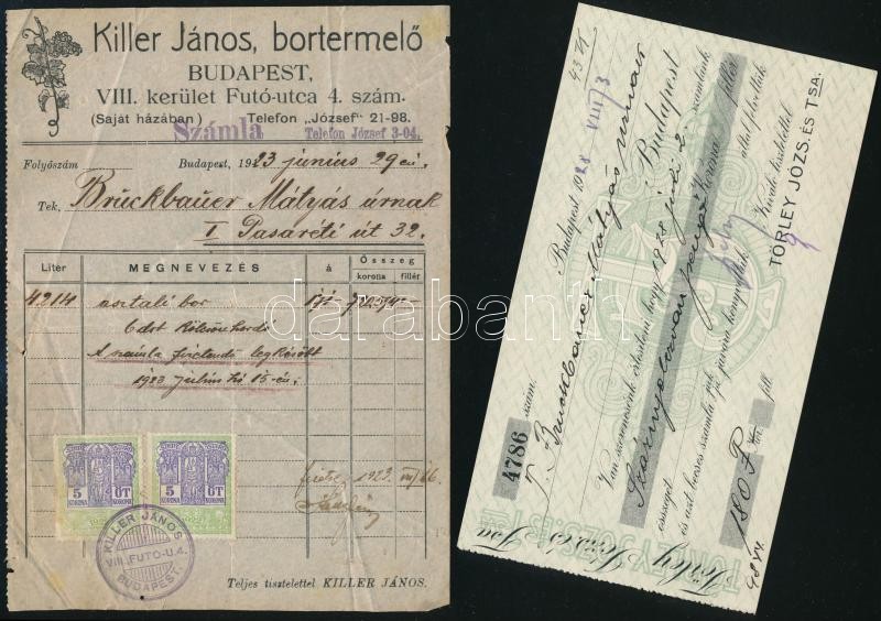 cca 1923-1929 3 db régi számla, közte Törley József és Tsa, az egyik kissé szakadt - Image 2