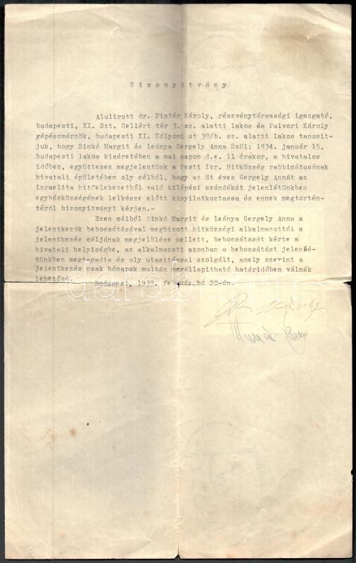 1939 Kilépési bizonyítvány a Pesti Izraelita Hitközégből, aláírásokkal, szakadt. / 1939 Document about jewish person leaving the Pest Israelite Religious Community, with signatures, tears