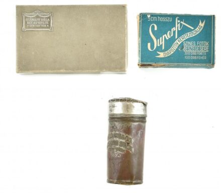 Colgate & Co. Shaving Stick fém doboz, jó állapotban, m: 6 cm, Superfix ragasztó karton doboz, Szénásy Béla névjegytartó kartondoboz.
