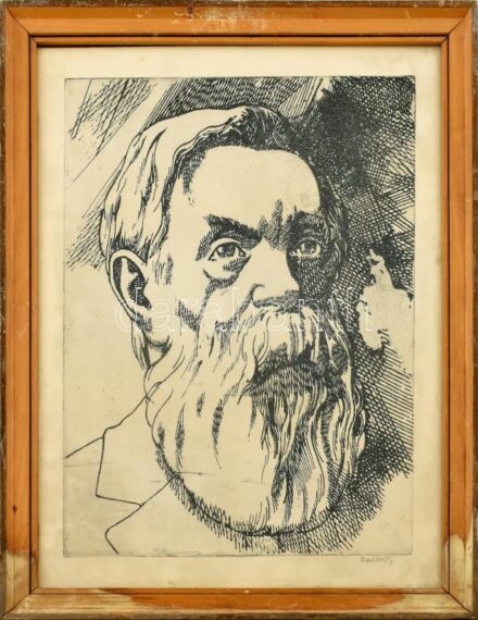 Raszler Károly (1925-2005): Engels. Rézkarc, papír, jelzett. Üvegezett, kissé sérült fa keretben, 39×29 cm