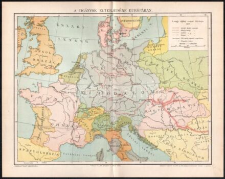 cca 1900 A cigányok elterjedése Európában, térkép, Pallas Nagy Lexikona, Bp., Posner-ny, 20,5x26,5 cm