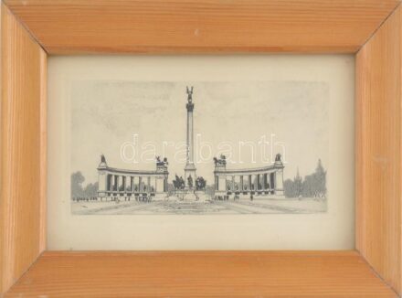 Jelzés nélkül: Budapest, Hősök tere. Rézkarc, papír, üvegezett fa keretben, 7×13 cm