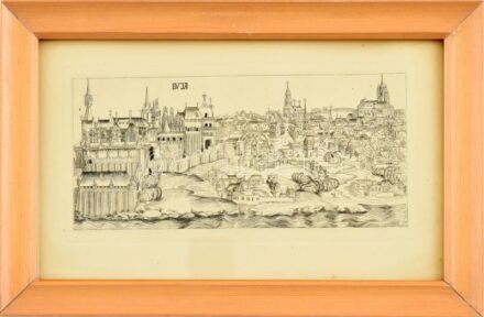 Jelzés nélkül: Buda látképe (Schedel Világkrónikája után). Rézkarc, papír, üvegezett fa keretben, 10×20 cm