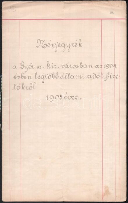 1905 Névjegyzék a Győr sz. kir. városban az 1904. évben legtöbb állami adót fizetőkről