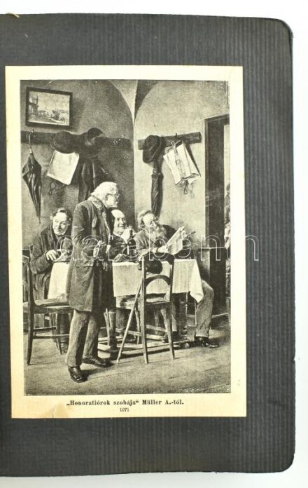 Régi vászonborítású album, benne beragasztott, festményekről készült fekete-fehér reprodukciókkal, kissé sérült, kopott borítóval, 22,5x17 cm