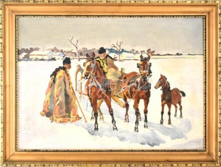 Jelzés nélkül, XX. sz. közepén működött magyar festő alkotása: Lovasszán csikóval. Olaj, vászon, restaurált. Dekoratív fa keretben. 50x70 cm