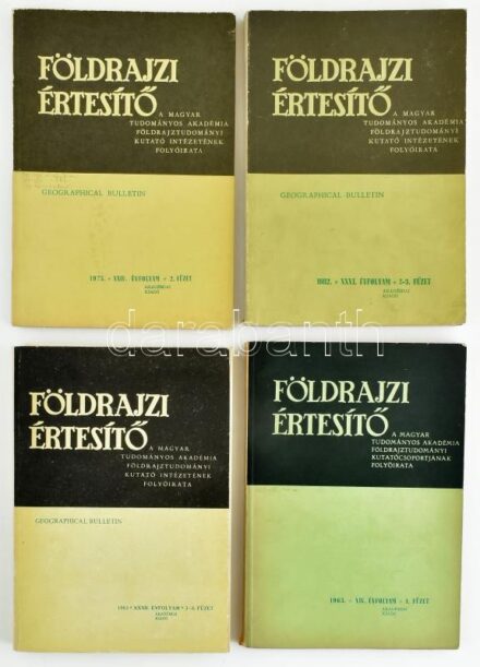 1965-1983 Földrajzi értesítő. XIV. évf. 1. füzet, XXIV. évf. 2. füzet, XXXI. évf. 2-3. füzet, XXXII. évf. 3-4. füzet. Papírkötések, kissé kopott borítóval, az egyik gerincen kis szakadással.