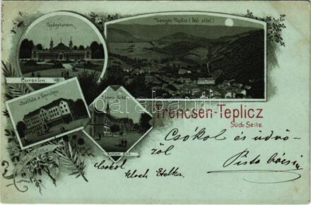1898 (Vorläufer) Trencsénteplic, Trencianske Teplice; gyógyterem, Szálloda a Hővízhez, Hammam fürdő, déli oldal / spa, hotel, Turkish spa. Art Nouveau, floral, litho