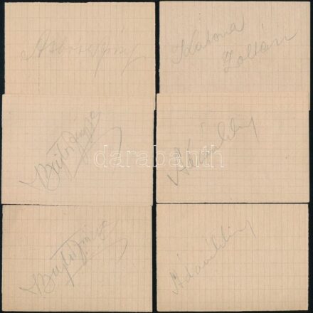 Vegyes tenisz aláírás tétel, 5 db, egy-egy ismétlődéssel: Bujtor Frigyes (1921-, x2), Ádám András (1921-2010,x2), Asbóth József (1917-1986), Katona Zoltán (1922-1990).