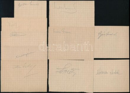 Vegyes labdarúgó aláírás tétel, összesen 10 db aláír papírlapokon, közte: Salgótarjáni Bányász: Zsédely, Babléna László, Para Zoltán, Kiss Gyula, Oláh Géza; Előre: Béres András, Koczián Antal; Budapesti Postás SE: Zentai,