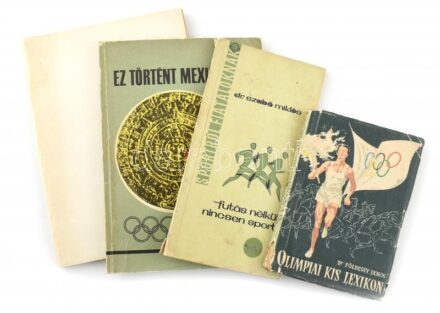 4 db sporttal olimpiával kapcsolatos könyv: Olimpiai kis lexikon, Futás nélkül nincsen sport, Ez történt Mexikóban, A Fradi fiúk Ausztráliában. Vegyes állapotban