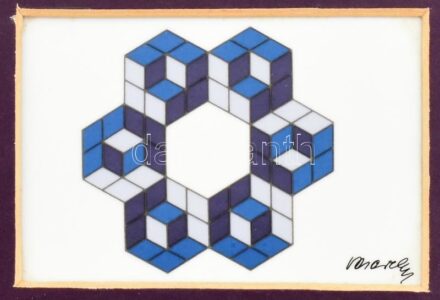 Victor Vasarely: Hexa porcelánkép cca 1980. Márkajelzés nélküli porcelán. Paszpartuzva, keretezve. Hibátlan. 16x11 cm