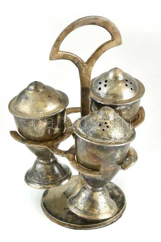 Royal Queen Sheffield ezüstözött fém fűszertartó 3 db szóróval, alján jelzett, kopott, kettő szóró teteje laza (elhasználódott menettel), m: 16 cm, szórók m: 8 cm - Image 2