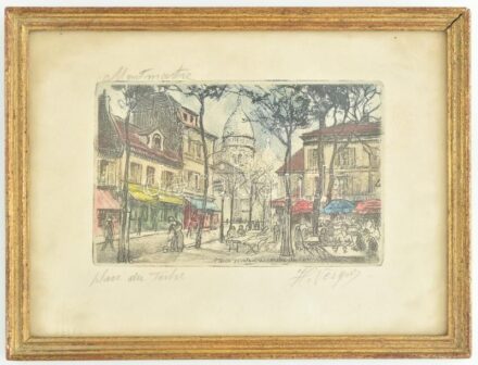 Olvashatatlan jelzéssel: Place du Tertre (Montmarte, Párizs). Színezett rézkarc, papír. Üvegezett fa keretben. 8x12,5 cm
