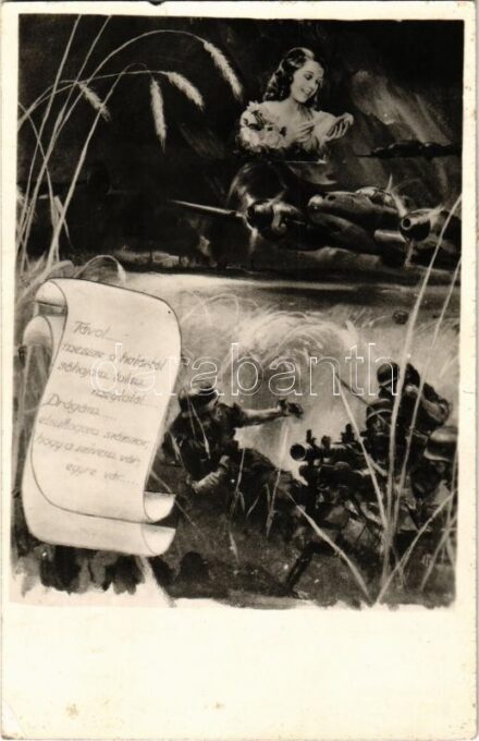 1943 Távol... messze a határtól, sóhajom talán megtalál... / WWII Hungarian military art postcard, montage (szakadás / tear)