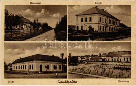 Csanádpalota, utca részlet, iskola, óvoda, park