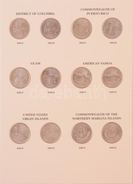 Amerikai Egyesült Államok 2009. 25c Cu-Ni '50 állam' (12xklf) 'D' és 'P' verdejelek, 'THE DISTRICT OF COLUMBIA AND U.S. TERRITORIES QUARTER PROGRAM' előnyomott berakóban T:1 USA 2009. 25 Cents Cu-Ni '50 States Quarters' (12xdiff) 'D' and 'P'