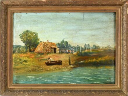 Olvashatatlan jelzéssel: Vízparti jelenet. Olaj, karton. Dekoratív, szecessziós, sérült fa keretben, 34×49 cm