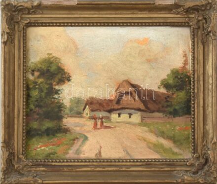 Olvashatatlan jelzéssel: Sétálók. Olaj, karton. Dekoratív, sérült régi keretben, 21,5x26,5 cm