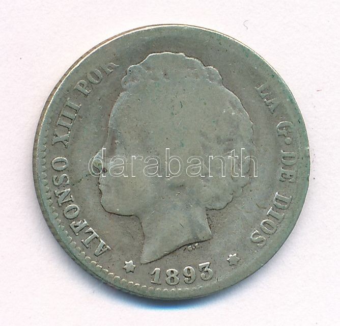 Spanyolország 1893PG-L 1P Ag 'XIII. Alfonz' T:3 patina Spain 1893PG-L 1 Peseta Ag 'Alfonso XIII' C:F patina Krause KM#702