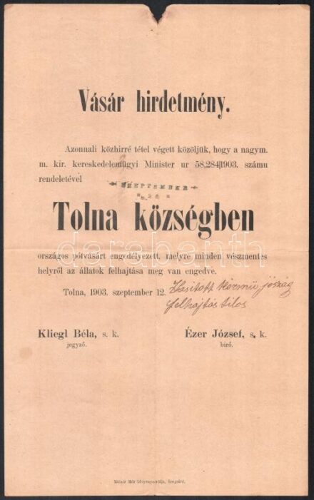 1903 Tolna, vásár hirdetmény országos pótvásárról, Mecskére postázva, hajtásnyommal, lap tetején kisebb sérüléssel