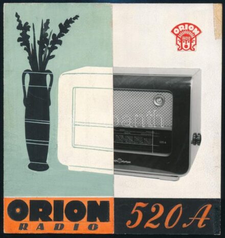 cca 1955 Orion Radio 520A kihajtható reklám prospektus terv. Tempera, ceruza, kollázs, papír, jelzés nélkül. Feltehetően német piacra készült ('Technische Daten' felirattal), egyik sarkában kisebb folttal, máskülönben jó