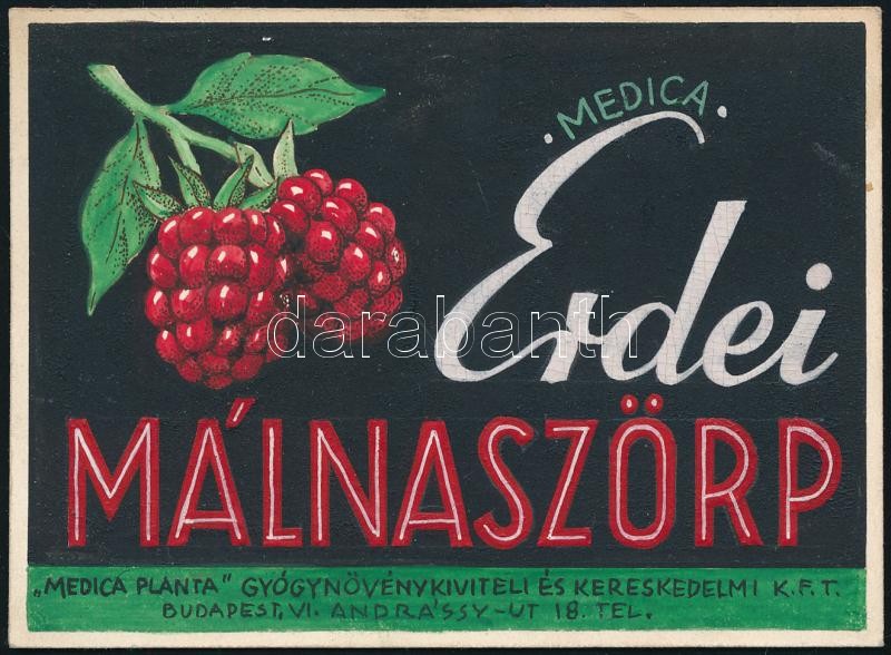 cca 1940 Medica Erdei Málnaszörp ital reklám vagy címke terv. Tempera, tus, karton, jelzés nélkül. Hátoldalán ragasztás nyomaival, máskülönben jó állapotban, 8×11 cm