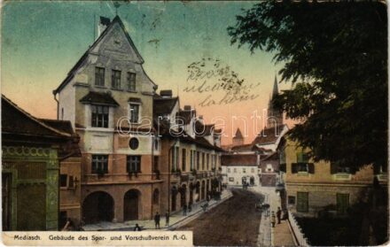 Medgyes, Mediasch, Medias; Gebäude des Spar- und Vorschussverein A-G. / Takarékpénztár és hitelintézet / savings bank and credit union (ragasztónyom / gluemark)